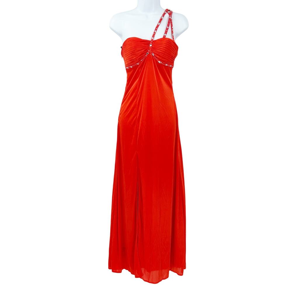 Bee Darlin Party Prom Rhinestone Satin Strappy One Shoulder Maxi Dress Size 1/2